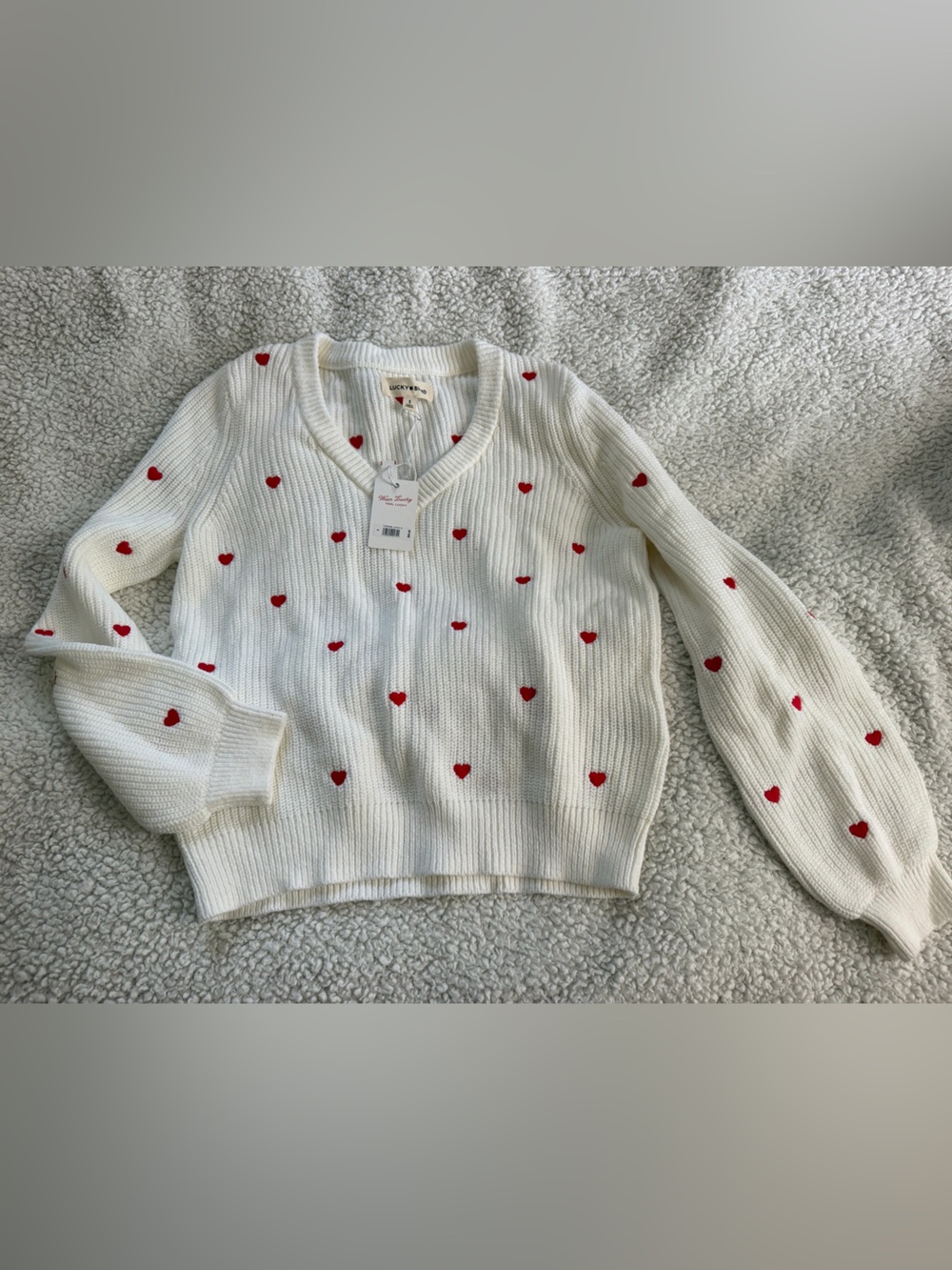 Lucky Brand Cream V-Neck Sweater with Red Heart Motif